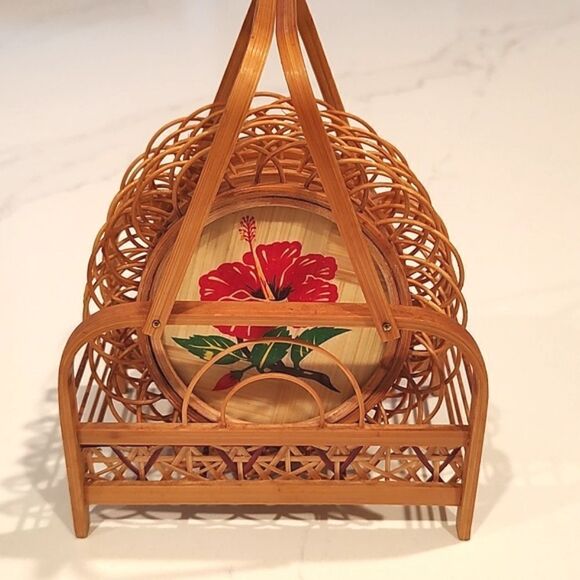 Vintage Bamboo Rattan Hibiscus Flower Set of 5 Coasters with Caddy - Picture 10 of 14